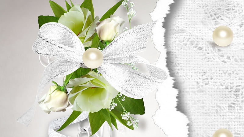 A Day to Remember, lace, flower, bow, lime, babys breath, pearl, ivory, green, feminine, flowers, romance, ribbon, roses, wedding, torn, white, cream, HD wallpaper