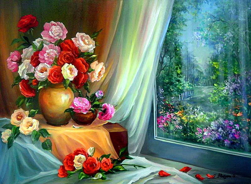 Freshness in the room, pretty, colorful, house, home, curtain, bonito, still life, nice, painting, flowers, beauty, room, art, cozy, lovely, window, view, fresh, spring, roses, trees, yard, freshness, bouquet, summer, garden, HD wallpaper