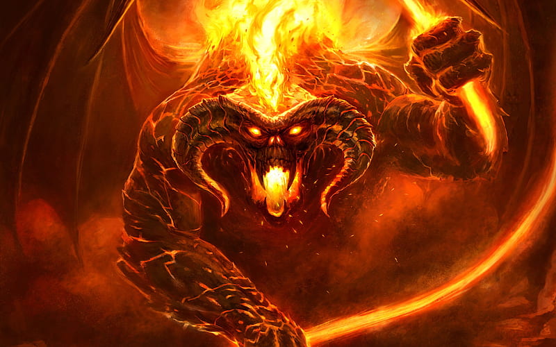 The Lord of the Rings, fiery monster, art, flame, fire, monster, Moria, HD wallpaper
