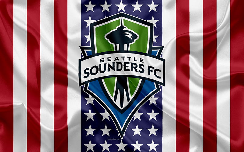 Seattle Sounders FC logo, emblem, silk texture, American flag, football klb, MLS, Seattle, Washington State, USA, Major League Soccer, Western Conference, HD wallpaper