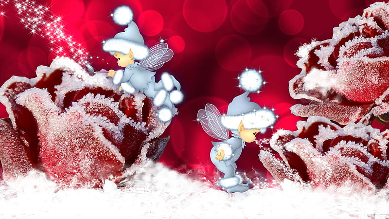 Frosting Roses, red, pixies, christmas, firefox persona, elves, winter, cold, cute, whimsical, snow, fairies, flowers, frost, HD wallpaper