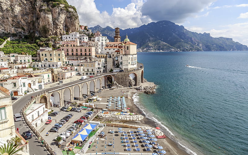 Amalfi, Atrani, Salerno Bay, Salerno, beach, chaise lounges, summer, mountains, sea, Italy, HD wallpaper