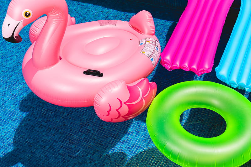 pink inflatable flamingo and green inflatable ring, HD wallpaper