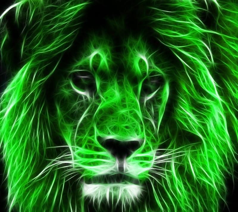 Lion fractal Green, abstract, animals, big cats, lions, HD wallpaper