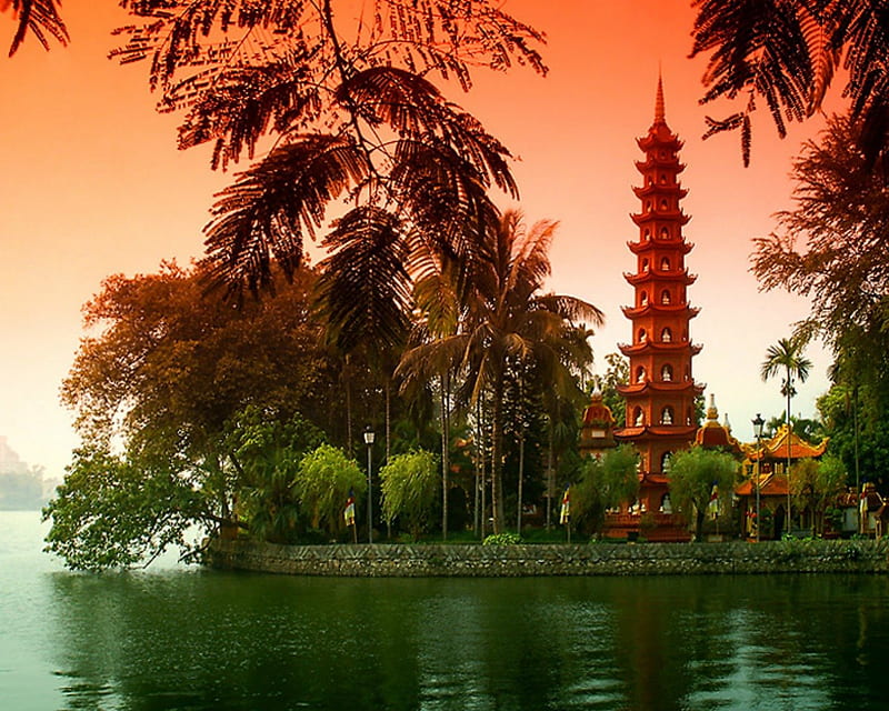 Hanoi temple, architecture, temple, Veitnam, lake, HD wallpaper