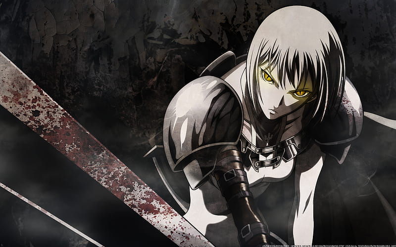 Claymore - Clare, yellow, blood, claymore, anime, gris, clare, eyes, sword, armour, HD wallpaper