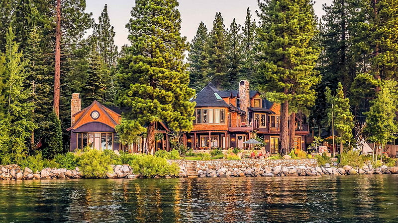 Lake Tahoe Lodge, house, nevada, trees, forest, water, usa, HD wallpaper