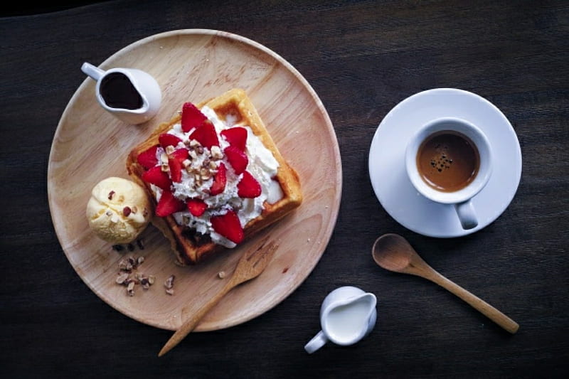 Coffee and waffle, Icecream, Milk, Strawberries, Coffee, Waffle, Plate, HD wallpaper
