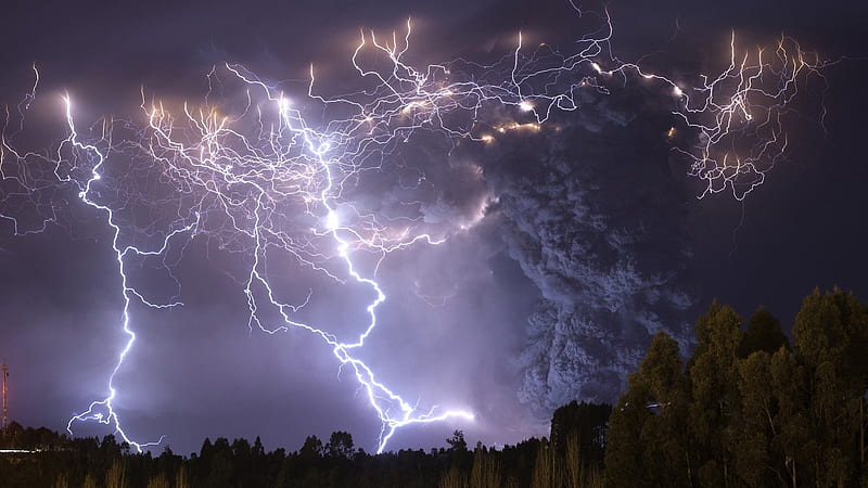 magnificent lightning storm in lago ranco chile, forest, lightning, storm, clouds, HD wallpaper