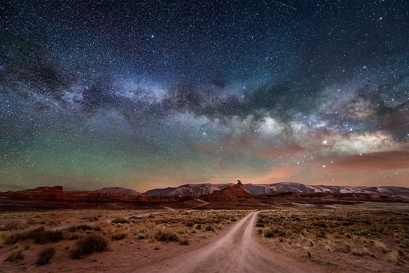 Landscape, Nature, Sky, Stars, Night, Desert, Starry Sky, , Milky Way, Dirt Road, HD wallpaper