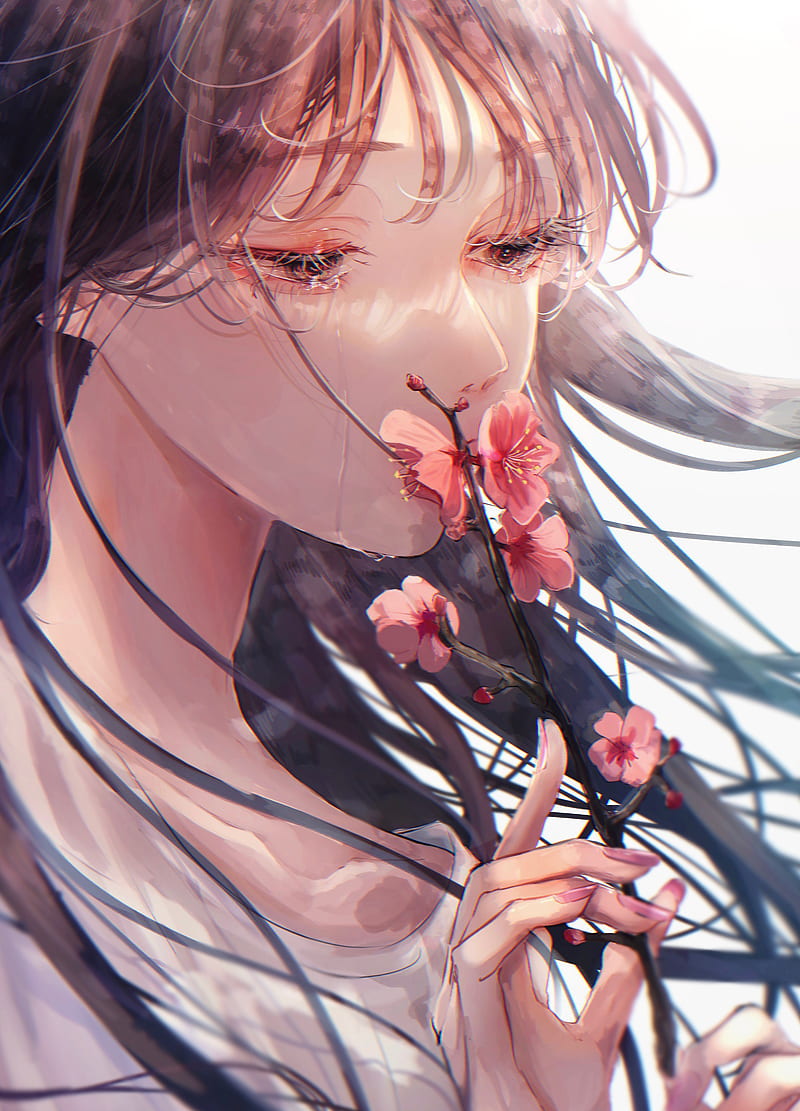 girl, sad, sakura, flowers, anime, art, HD phone wallpaper