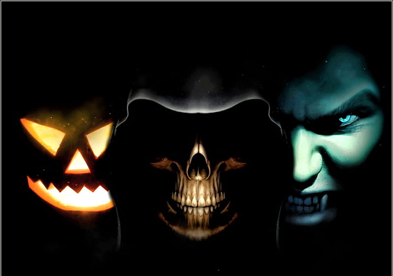 Faces of fright, faces, skeleton, glow, dracula, darkness, pumpkin, HD wallpaper