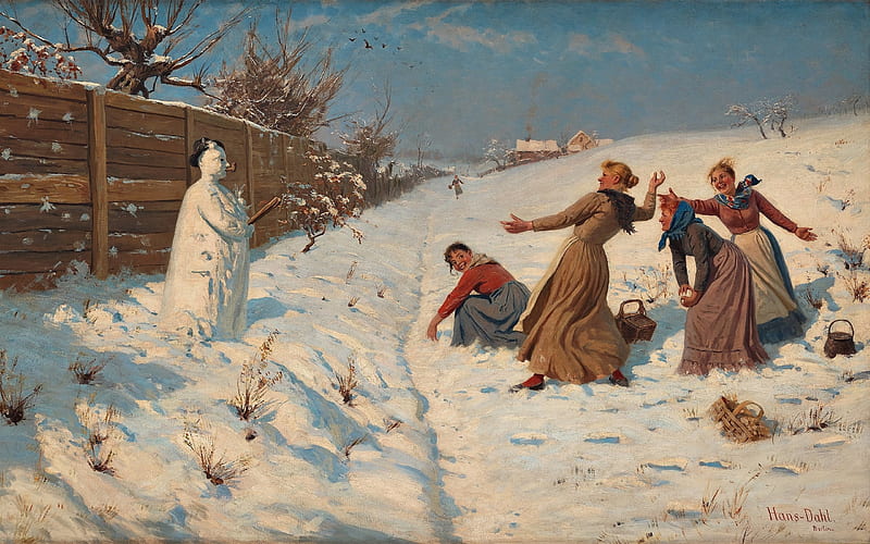 Throwing snowballs, art, fence, luminos, snowman, iarna, winter, snowball, girl, painting, pictura, hans dahl, HD wallpaper