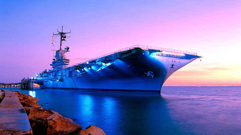 the uss lexington wwII aircraft carrier r, museum, dusk, r, aircraft carrier, lights, vintage, HD wallpaper