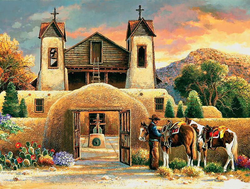 Mission Afternoon, architecture, art, religious, equine, bonito, church, horse, illustration, artwork, mission, painting, wide screen, chapel, scenery, HD wallpaper