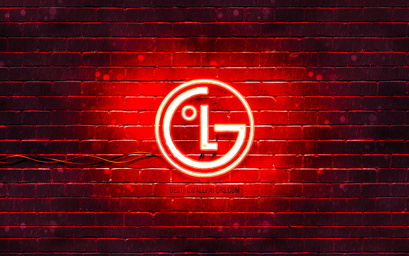 LG red logo red brickwall, LG logo, brands, LG neon logo, LG, HD wallpaper