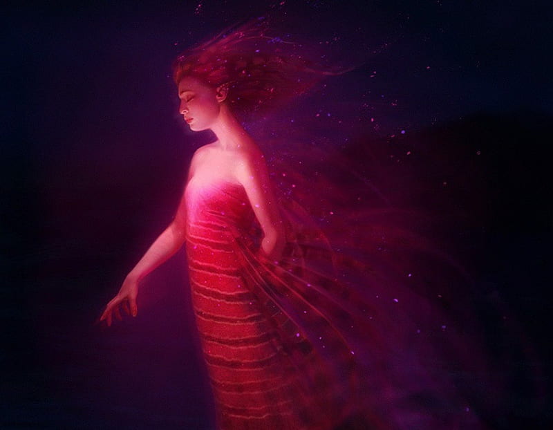 Red Mermaid, mermaid, red, fantasy, glowing, HD wallpaper