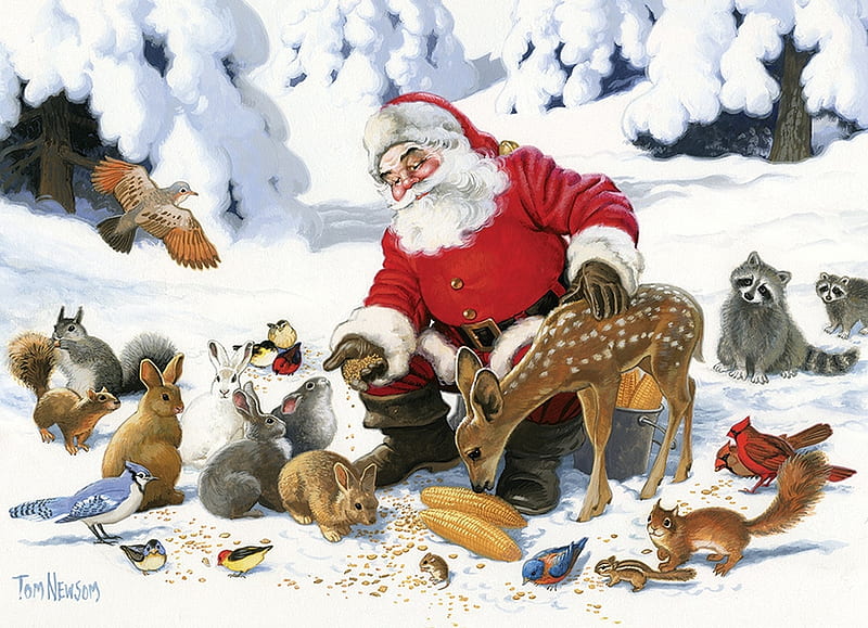 Santa and friends, bird, bunny, pictura, deer, animal, art, squirrel,  christmas, HD wallpaper | Peakpx