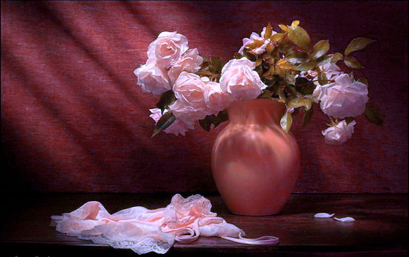 Rays on the blooms, rays of light, vase, chiffon, curtain, roses, pink, HD wallpaper