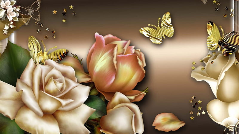 Shiny Roses and Butterflies, urbane, glow, brown, shine, practiced, platinum, experienced, gold, bright, flowers, cultivated, worldly, stars, polished, seasoned, exotic, knowing, schooled, butterflies, skeptical, roses, smart, cynical, jaded, sophisticated, cosmopolitan, refined, suave, cultured, petals, bored, civilized, HD wallpaper