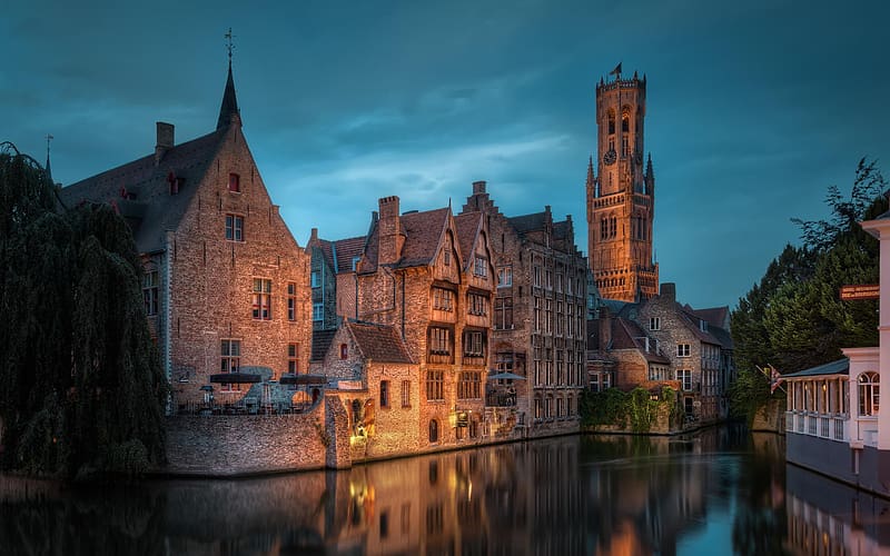 Night, City, Belgium, Bruges, , Canal, Towns, HD wallpaper