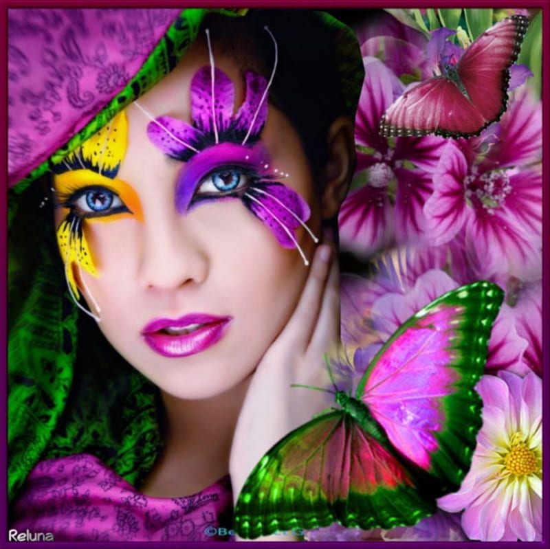 FACE OF SPRING, SPRING, BUTTERFLIES, FACE, COLORFUL, EYES, FLOWERS, HD wallpaper