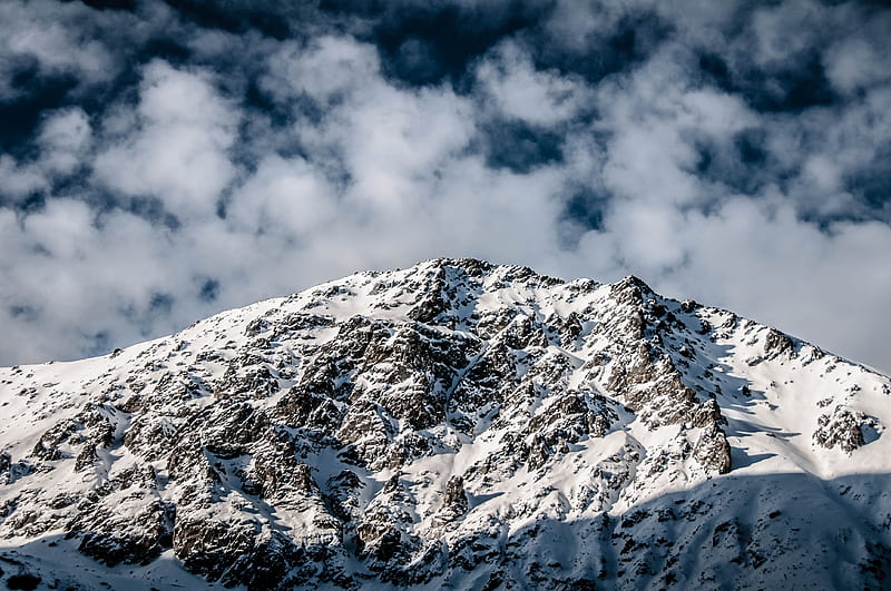 mountain, peak, snow, clouds, HD wallpaper