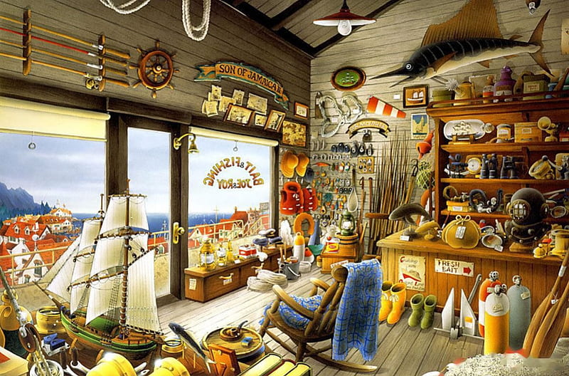 Bait & Fishing, shop, utensils, painting, store, artwork, HD wallpaper