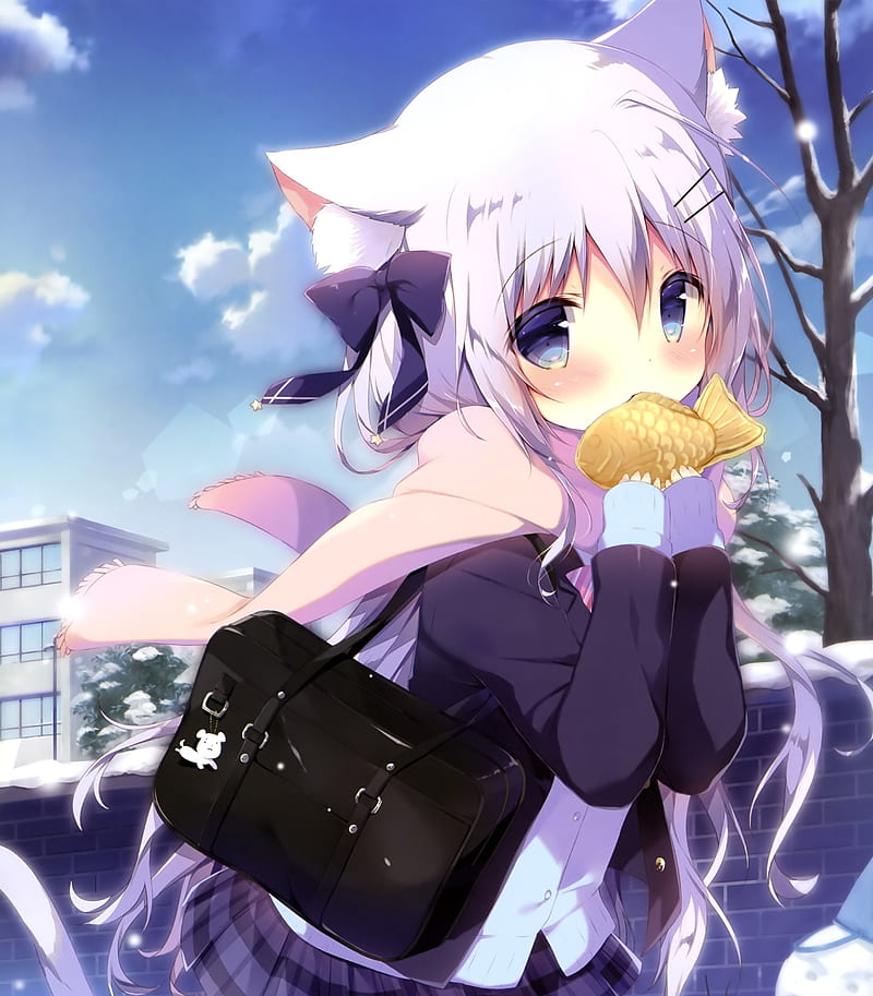 anime girl, loli, animal ears, white hair, scarf, shy expression, gloves, winter, Anime, HD phone wallpaper