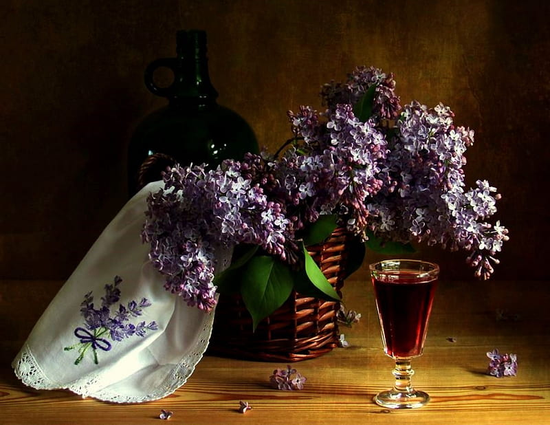 Flowers Galore, table, glass, still life, embroidered scarf, basket, bottle, wine glass, flowers, HD wallpaper