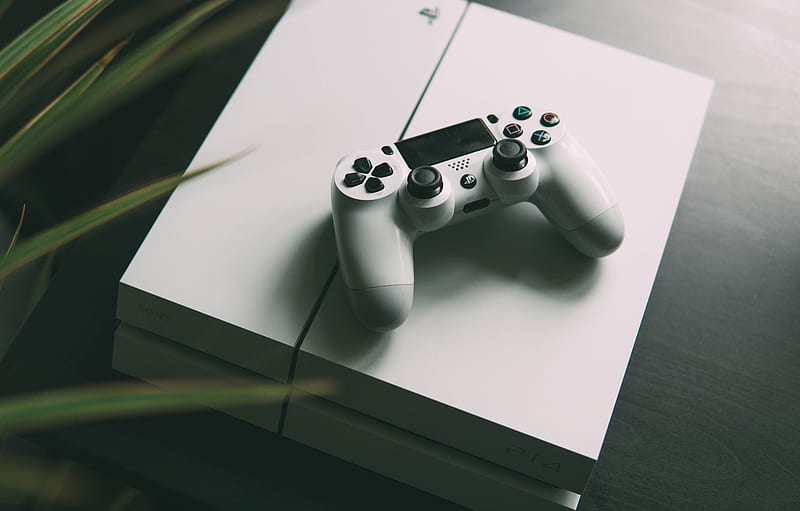 selective focus graphy of white Sony PS4 console with wireless controller, HD wallpaper