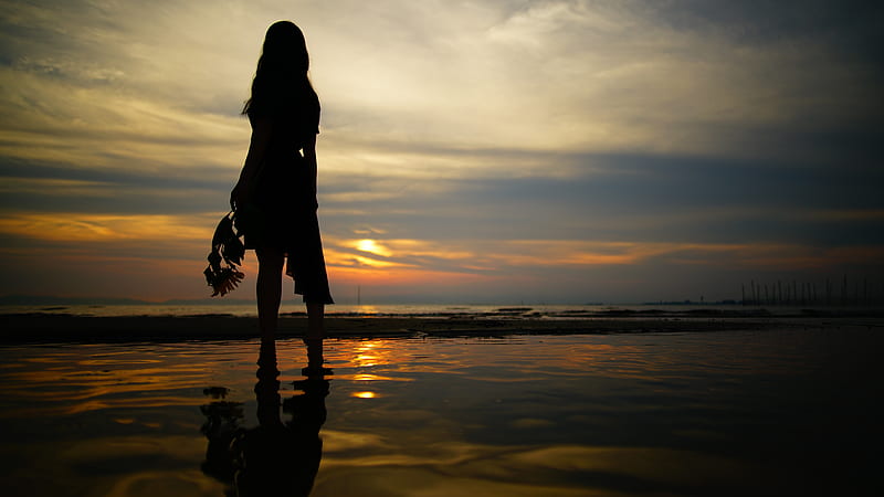 lonely woman, silhouette, ocean, horizon, scenic, Girls, HD wallpaper
