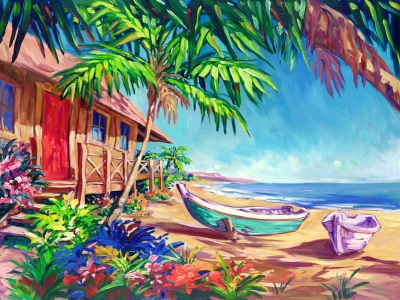 Aloha life style, hut, shore, breeze, bonito, sea, beach, boat, painting, art, rest, vacation, exotic, life, aloha, palms, coast, style, HD wallpaper