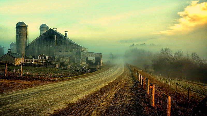 fabulous rustic landscape in fog r, farm, fence, rural, r, road, fog, HD wallpaper