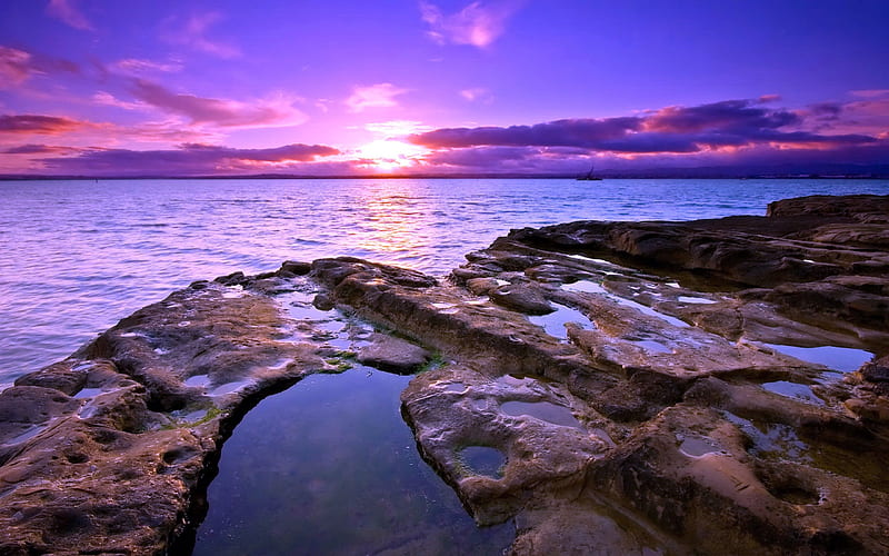 Mediterranean sea at sunset, rocks, pretty, colorful, glow, shore