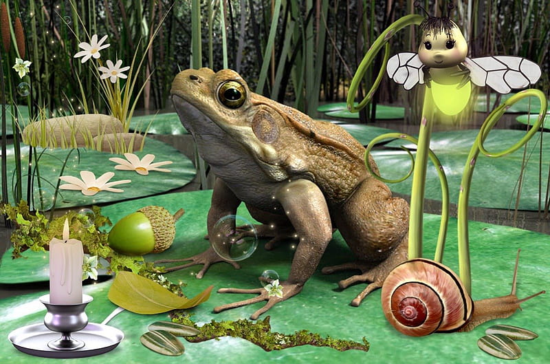 Willie the Frog, frog, sun, water, snail, river, spring, sommer, HD wallpaper