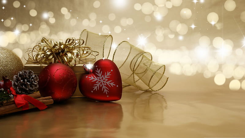 Christmas Red Ball And Heart Shape With Snowflake Christmas, HD wallpaper