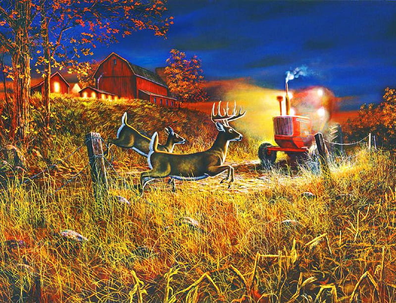 Harvest Time, tractor, artwork, barn, landscape, deer, HD wallpaper