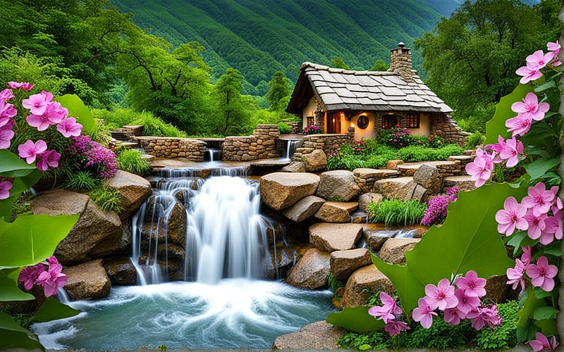 Stone flower cottage mountain Waterfall, haz, termeszet, viragok, fak, zuhatag, erdo, hegyi vizeses, novenyzet, zold termeszet, hegyi haz, HD wallpaper