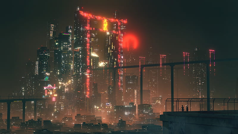cyberpunk city, skyscraper, neon lights, bridge, glowing, Sci-fi, HD wallpaper
