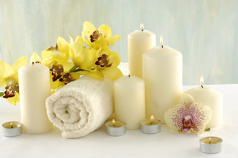 spa, yellow, bath, bonito, fragrance, towel, burning candles, graphy, nice, orchids, flowers, relaxation, candle, tea lights, pamper, relax, candles, cool, orchid, flower, white, HD wallpaper