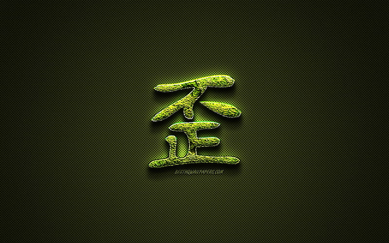 Evil Kanji hieroglyph, green floral symbols, Evil Japanese Symbol, japanese hieroglyphs, Kanji, Japanese Symbol for Evil, grass symbols, Evil Japanese character, HD wallpaper