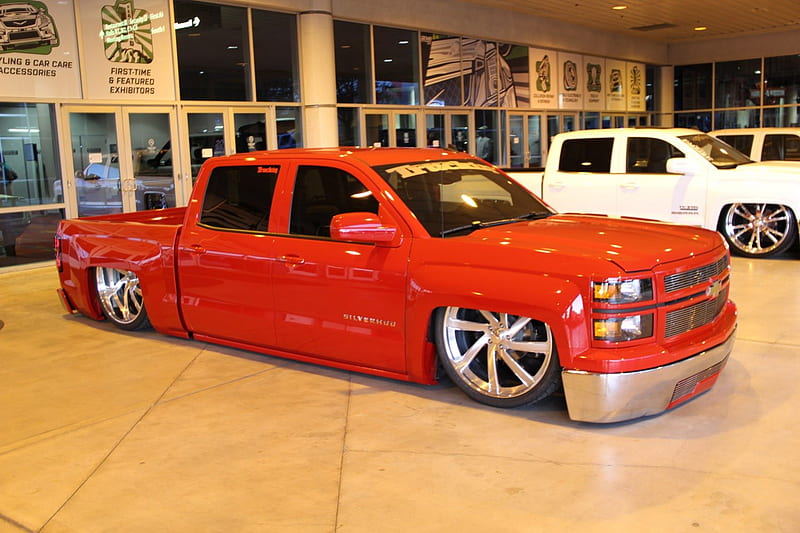 Slammed-2014-Chevy-Silverado, Red, GM, Bowtie, Truck, HD wallpaper