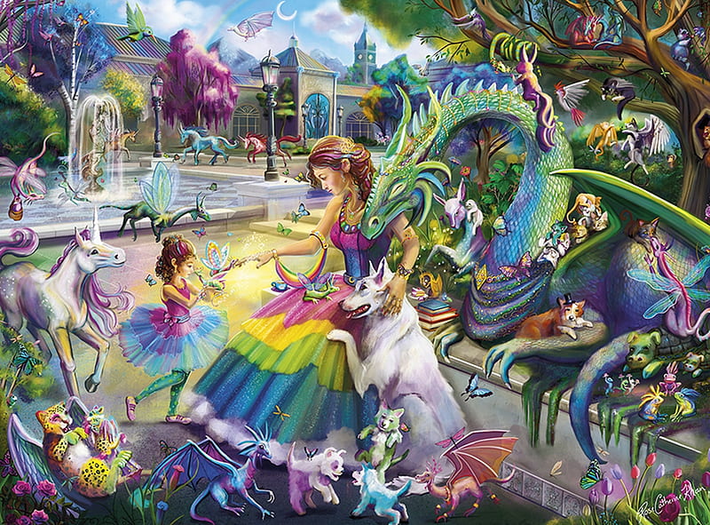 Dragon's garden, girl, dragon, fairy, art, garden, fairytale, HD wallpaper