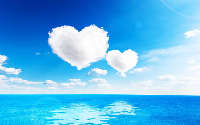 clouds, sea, clouds heart, white heart, a love scene, HD wallpaper