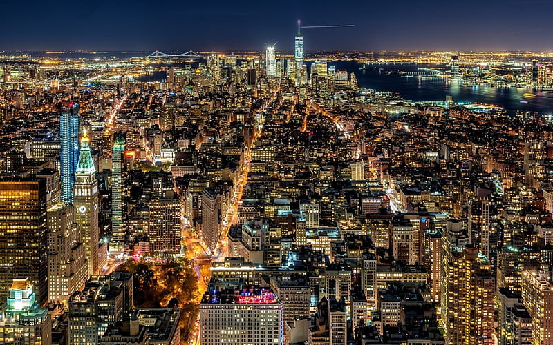 New York, panorama, America, buildings, night, skyline, NYC, USA, HD wallpaper