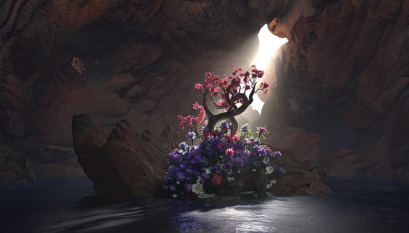 Biome, Plant life, enchanting, water, digital art, Shaft of light, Tundra, flora, Cave, Natural beauty, HD wallpaper