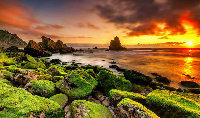 Sea sunset, summer, bonito, stomes, sunset, sky, sea, rocks, fiery, ocean, beach, coast, HD wallpaper