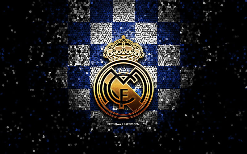 Real Madrid FC, glitter logo, La Liga, blue white checkered background, soccer, Real Madrid CF, spanish football club, Real Madrid logo, mosaic art, football, LaLiga, Spain, HD wallpaper