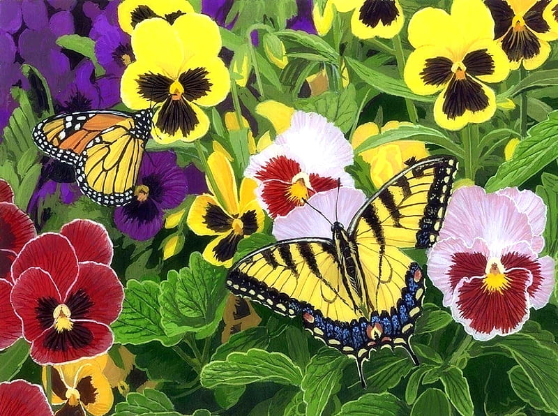 Mariposas y pensamientos, amor cuatro estaciones, mariposas, primavera,  cuadros, Fondo de pantalla HD | Peakpx